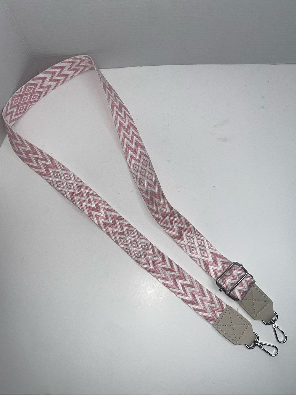 Pink and White Geometric Patterned Adjustable Strap with Silver-Tone Hardware